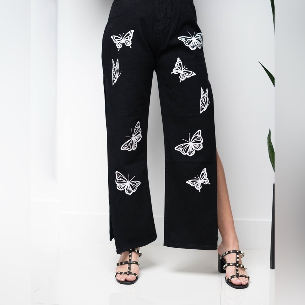 Black High Rise Jeans with Butterfly Embroidery